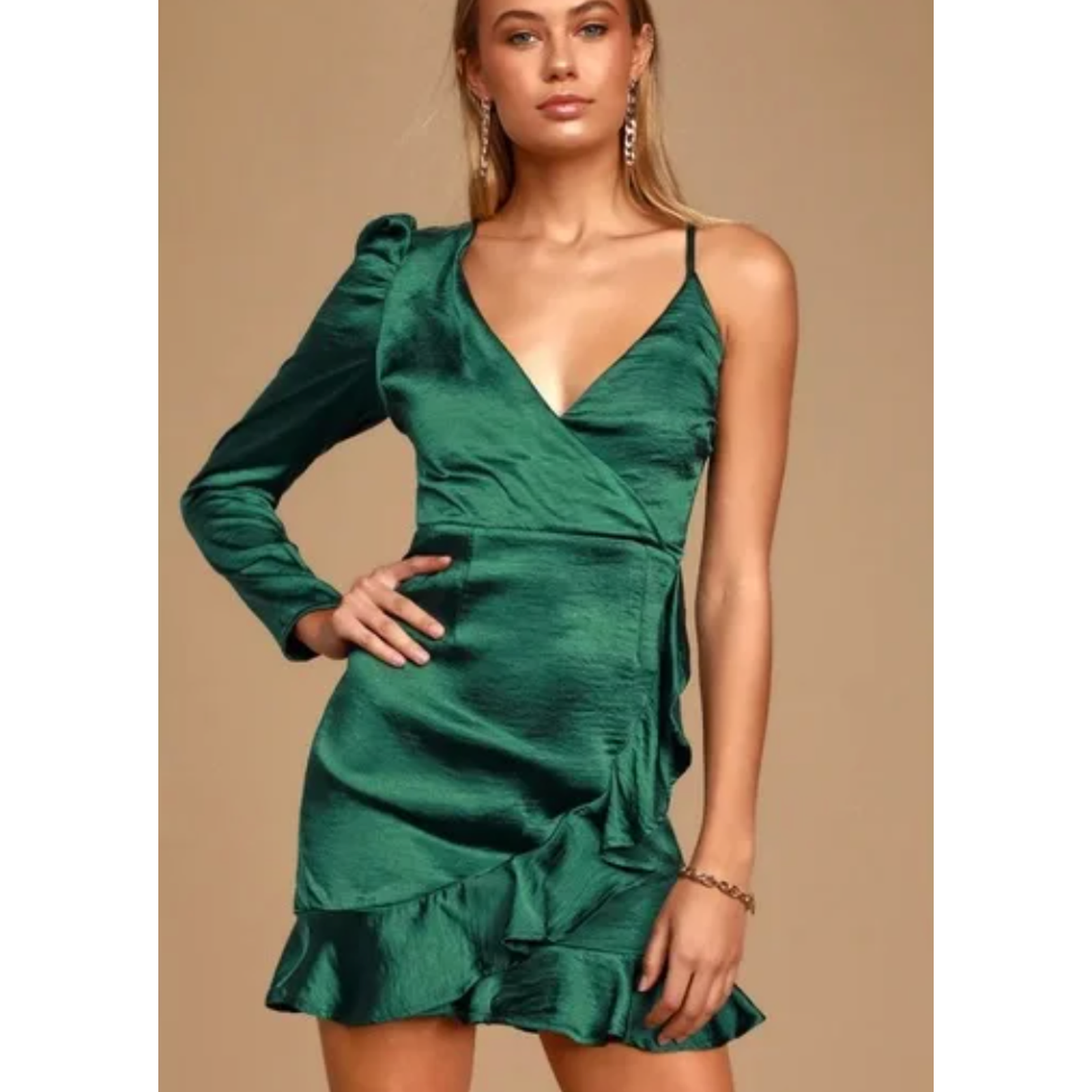 Lulus Green Satin One Shoulder Puff Sleeve Ruffle Trim Mini Dress L Party